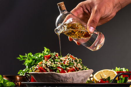 Tabbouleh salad. Traditional middle eastern or arab dish. Levantine vegetarian salad with parsley, mint, bulgur, tomato. Part of middle eastern meze.の写真素材