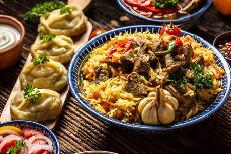 Traditional uzbek meal Pilaf with beef, carrots, onions, garlic, pepper and cumin. A traditional dish of Asian cuisine. Food recipe background. close up.の写真素材