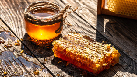Delicious honey and fresh honeycombs. Honey background. Beekeeping concept.の写真素材