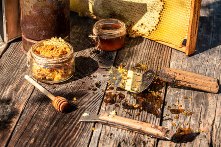 close-up Beekeeper uncapping honeycomb with special beekeeping fork. Raw honey being harvested from...