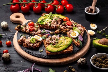 Tuna bruschetta sandwiches collection. Delicious breakfast or snack. Toasts with tuna delicious healthy food on a dark background, Top viewの写真素材