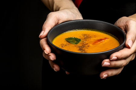 Female hands holding a bowl of pumpkin soup. Dish of homemade Carrot and coriander soup with baked peppers and cheese, lime juice and ginger .の写真素材