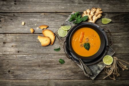 Pumpkin and carrot soup with baked peppers and cheese, lime juice and ginger on a wooden background, top view and rustic style.の写真素材
