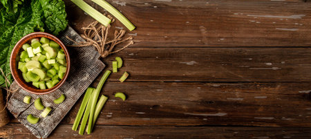 Rhubarb stalks on a board, Rhubarb in bowl on a wooden background. Long banner format, top view.の写真素材