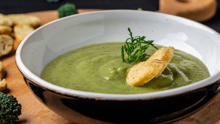 Fresh vegetable detox soup made of broccoli in dish on table, closeup. Clean eating, dieting, vegan,...