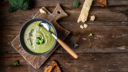 bowl of broccoli cream soup with parmesan cheese and crunchy croutons on wooden table, top view.の写真素材