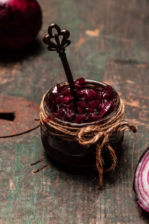 Homemade DIY natural healthy red onion marmalade jam, confiture. top view, vertical image, place for textの写真素材
