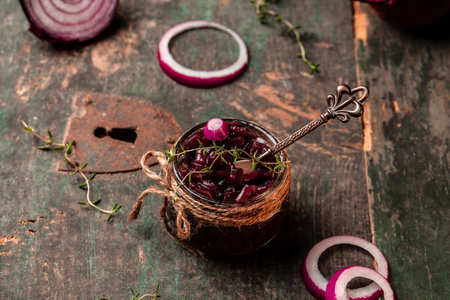 Red onion marmalade jam, confiture, chutney with wine and thyme, Delicious sauce. Gourmet, banner, catering menu recipe place for text, top viewの写真素材