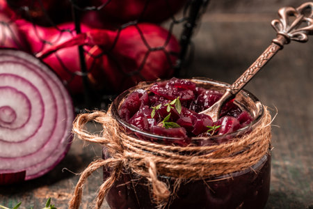 Red onion marmalade jam, confiture, chutney with wine and thyme, Delicious sauce. Gourmet, banner, catering menu recipe top viewの写真素材