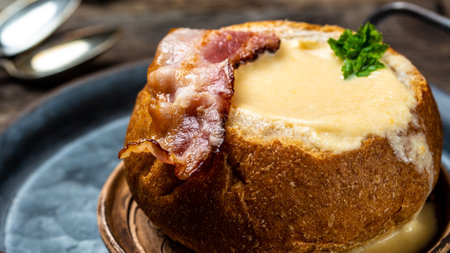 Traditional Polish sour cream soup with bacon served in bread, Restaurant menu, dieting, cookbook...