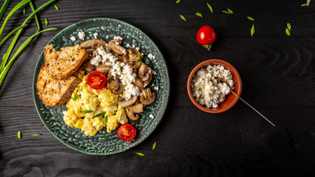 Healthy scrambled eggs with mushrooms, cottage cheese and tomatoes for breakfast. Long banner format. space for text. top view.の写真素材