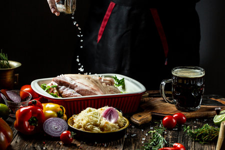 Adding salt by chef hands. Cooking Bavarian pork knuckle with sauerkraut, sharp chili sauce and beer. Steps process. traditional German cuisine, freeze motion.の写真素材
