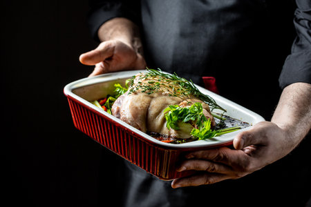 pork knuckle eisbein butcher person with beer. The concept of Bavarian cooking recipe.の写真素材