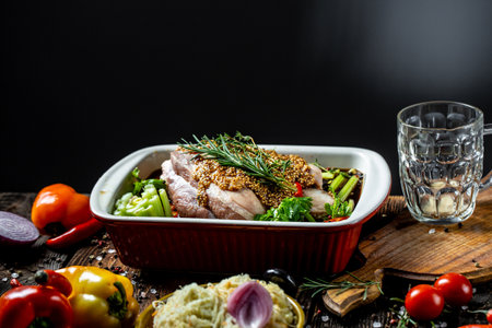 pork knuckle eisbein with beer, fresh celery and mustard. The concept menu, recipe book, restaurants.の写真素材