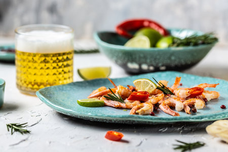 Traditional Low Country boil. Grilled shrimps or prawns served with lime. seafood. Summertime feast.の写真素材