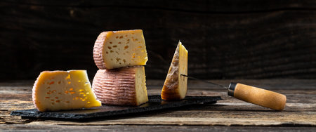 Cheese pieces with herbs and spices in olive oil. Craft cheese from cows and goats milk. Long banner...