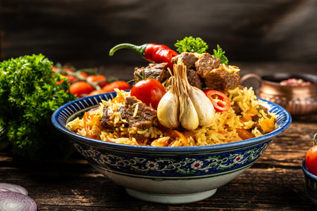 Traditional uzbek meal called pilaf. Rice with meat, carrot and onion in plate with oriental ornament, Uzbek oriental cuisine. Long banner format. space for text.の写真素材