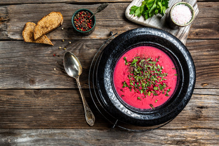 Ukrainian traditional borsch. Russian vegetarian red soup. top view. Borscht, borshch with beet. Plate of red beet root soup borsch. Traditional Ukraine food cuisine.の写真素材