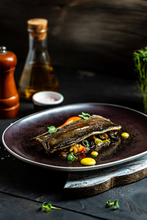 Fish dish roast trout with vegetables. Balkan food. close up, on plate. Food recipe background. vertical image, place for text.の写真素材