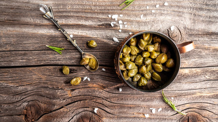 pickled capers on a dark wooden background. Edible flower buds of Capparis spinosa, caper bush or...