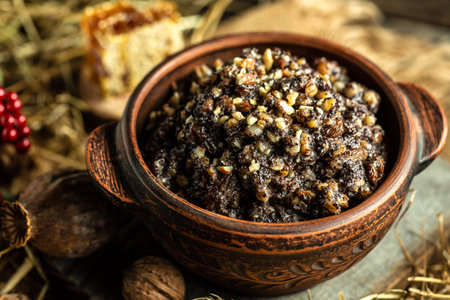 Kutya. Traditional Christmas slavic dish kutia porridge made of wheat grains, poppy seeds, nuts, raisins and honey. Eastern Orthodox Christians in Ukraine, Belarus and Russia.の写真素材