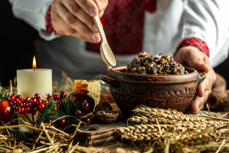 Wheat porridge with nuts, honey, raisins and poppy seeds on the festive table. Kutia traditional food for Christmas. man holding bowl with kutia, wooden spoon.の写真素材