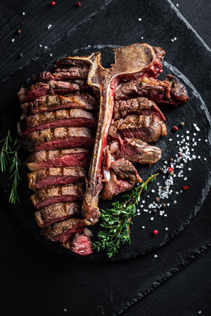 Steak on the bone. Grilled beef steak with rosemary, salt and pepper. top view. vertical image, place for text.の写真素材