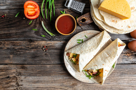 Mexican tortilla quesadilla with scramble eggs, vegetables, ham and cheese, Mexican cuisine, Mexico and Latin America traditional restaurant menu dish, food cooking recipe book cover.の写真素材