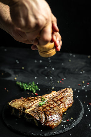 american cuisine. Chef season salt on a juicy beef steak in a restaurant. in a freeze motion on black background. vertical image, place for text.の写真素材