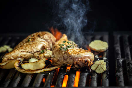 Grilled chicken fillets chopped on a fork against a fire. grilled barbecue. Turkish food concept. fast food meal. banner, menu, recipe, place for text.の写真素材