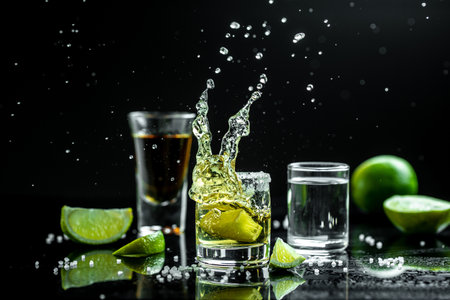 Mexican tequila with lime and salt on rustic black background. space for text. luxury drink concept. Alcoholic drink concept. Freeze motion, drops in liquid splash Mexican national drink.の写真素材