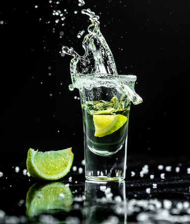 Mexican tequila with lime and salt on black background. space for text. luxury drink concept....