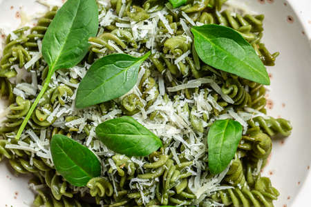 green vegetarian pasta, Vegan Food, Food recipe background. close up,