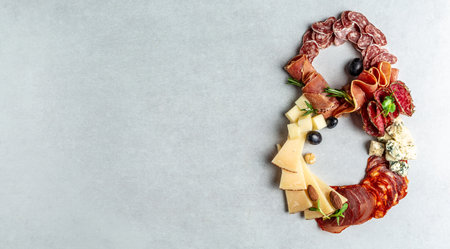 Italian appetizers or antipasto set with gourmet food on stone table. Mixed cheese and meat snacks...