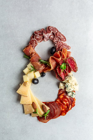 Italian appetizers or antipasto set with gourmet food on stone table. Mixed cheese and meat snacks of the number eight. International Women's Day. top view.の写真素材