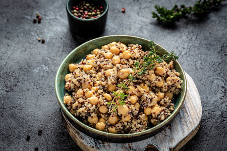 Vegetable lunch from the Buddha bowl with quinoa salad with chickpeas and thyme. Super food, healthy food dish for vegetariansの写真素材