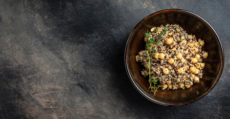 Healthy vegetable lunch from the Buddha bowl with quinoa, chickpeas and thyme. Super food, top view,の写真素材