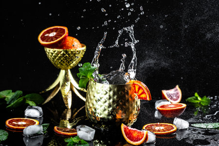 Moscow mule cocktail splashing in copper cup with blood orange, ginger beer, vodka and mint, freeze motion.の写真素材