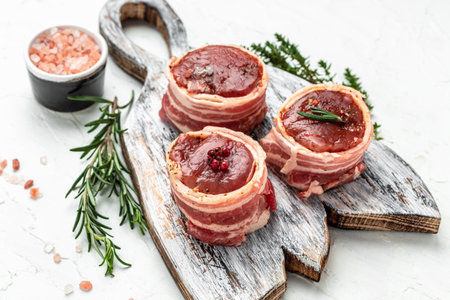 Raw steak Tenderloin fillet wrapped in bacon on woden board on a light background, filet Mignon. top view.の写真素材