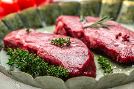 Pieces of cooked rump steak with spices served on old meat tray. Steak of marbled beef black Angus. Raw beef ramp steak, top view.の写真素材
