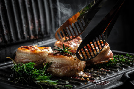 Medallions steaks from the beef tenderloin covered bacon on grill with smoke dark background. Cooking beef steak on grill by chef hands.の写真素材