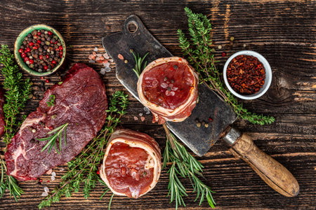 Fresh raw Prime Black Angus beef steaks beef rump steak, Tenderloin fillet mignon served on old meat butcher on dark wooden background. banner, menu recipe top view.の写真素材
