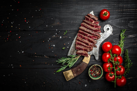 Juicy Beef rump steak beef medium rare served on old meat butcher on dark wooden background. banner, menu recipe place for text, top view.の写真素材