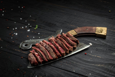 Barbecue Rib Eye Steak rump steak Dry Aged Wagyu on old meat cleaver on dark wooden background....