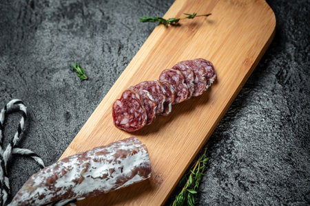 Fuets Catalan dry sausages. Set of spanish sausages and dry cured meat chistorra, chorizo,...