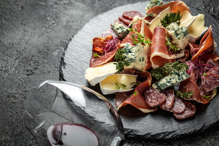 Meat and cheese plate with salami sausage, chorizo, cheese and prosciutto on a slate board. Antipasto platter for vine. Food recipe background. close up.の写真素材