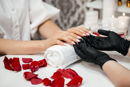 Young woman getting beautiful manicure in a luxury spa salon. Woman hand Nail Care And Manicure.の写真素材