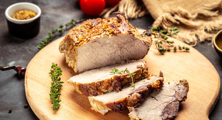 Roasted Pork shoulder cut, Roasted Christmas ham of turkey. large piece of baked pork with mustard,の写真素材