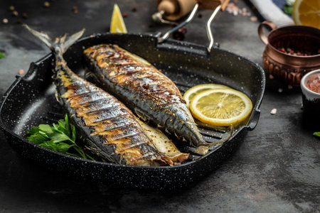 Grilled mackerel fish in a pan with lemon herbs and spices, Food recipe background. close up,の写真素材