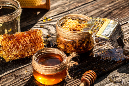 Macro photo of a bee hive on a honeycomb. Bees produce fresh, healthy, honey. Honey background....